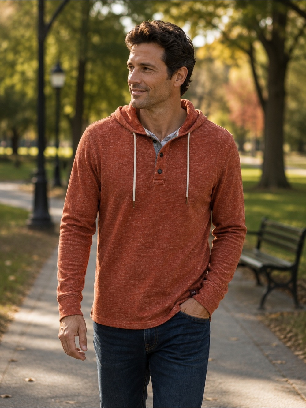 Men's Lightweight Hooded Henley Sweatshirt in Rust